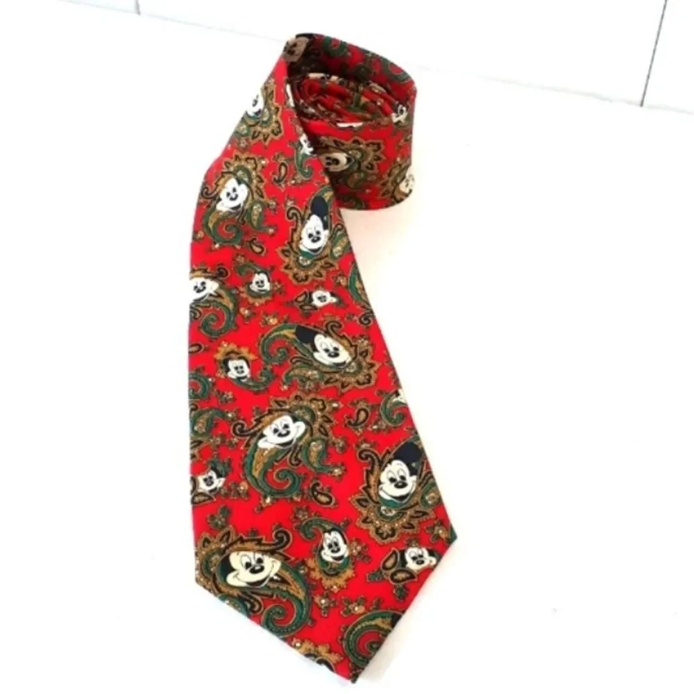Disney Balancine Inc. Red Green Gold Mickey Mouse Paisley Print 100% Silk Tie